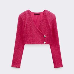 Zara Fuchsia Tweed Cropped Jacket | Size Small | Long Sleeve with Jewel Buttons